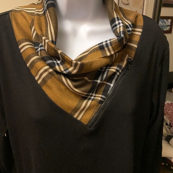 Youtalia black dress / tunic with brown plaid collar and trim Size L - Picture 4 of 7